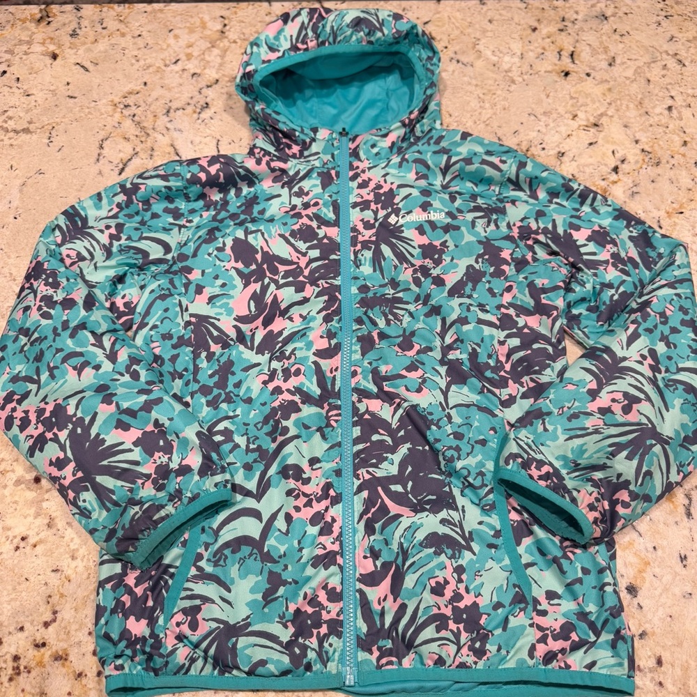 Columbia Girls Size Large 14/16 Blue Floral Reversible Rain Jacket Teal